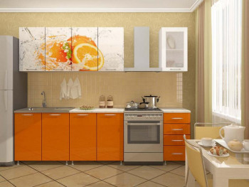Кухонный гарнитур 1,6м Апельсин (Белый/Оранжевый металлик/Фотопечать апельсин) в Железнодорожном - zheleznodorozhnyj.mebel54.com | фото